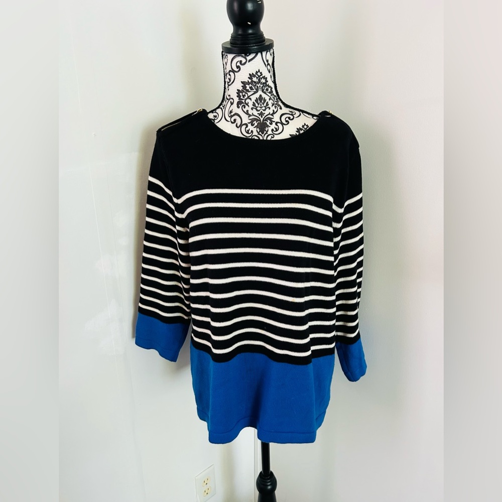 Karen Scott Women’s 100% Cotton 3/4 Sleeve Shoulder Zip Striped Sweater Size L